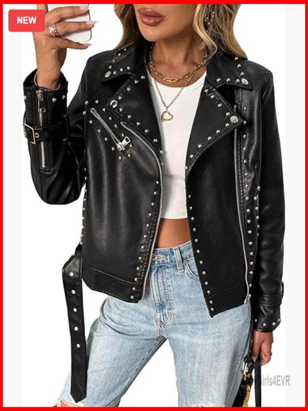 Faux Leather Moto Jacket with Studs and Rivets, Punk Style Biker Coat